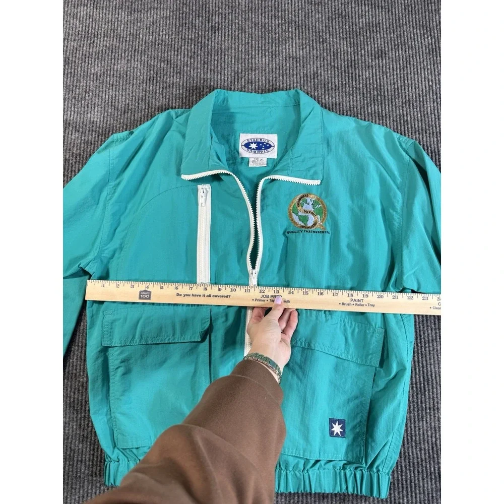 Vintage Starbus Men's Teal Windbreaker Jacket Embroidered Collared Zip-Up Size M